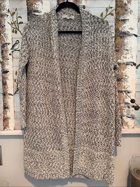 LOFT Marled Black and White Open-Front Cardigan